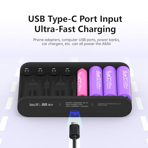 ISDT Battery Charger AA AAA Rechargeable Batteries 8-Bay Portable Smart Charger Fast Charging USB Input Port for 1.2V NiMH NiCd 1.5V Li-lon LiFePO4 Batteries with Bluetooth APP Connection (Black) - size: 8 Slot