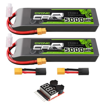 OVONIC 3S LiPo Battery 11.1V 5000mAh 120C with XT60 and TRA Plug Match RC Car Truck Airplane Helicopter Boat [6.18''D x 1.81" W x 1.03" H](2 Packs in 1 Package)(with Lipo Voltage Checker)