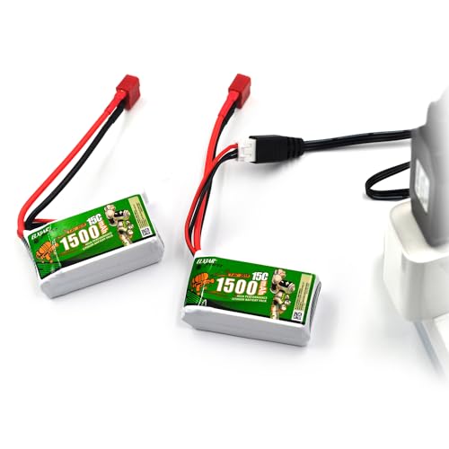 (2-Pack) 7.4V 1500mAh Battery for WLTOYS A959-B, A969-B, A979-B | Fits K929-B, 144001, 12401, 9200, 9200E, 300E, YC200 and HM123 RC vehicles; T-head connector and 2 USB chargers.