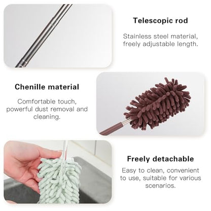 2PCS Car Interior Duster with Extension Pole, Microfiber Retractable Dusters Auto Dash Cleaning Tool, Soft Chenille Hand Washable Dusters for Vehicle Window Office Furniture (Brown) - color: Brown