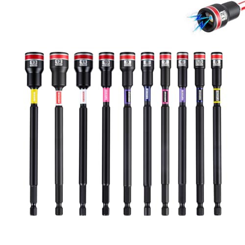 Impact Nut Driver Set, 10 Pieces 6 Inch Long 5mm to 13mm Magnetic Metric Nut Setter Set, 6 Point Alloy Steel Use 1/4” Hex Shank Impact Driver Stored in Portable Storage Cases for Repair - size: 6", style: 6"-M