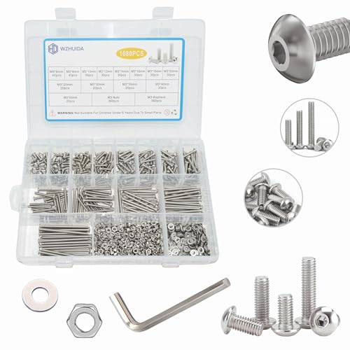 1080 Pcs M3 Screw Assortment, M3*6mm, 8mm, 10mm, 12mm, 14mm, 16mm, 18mm, 20mm, 25mm, 30mm, 35mm, 40mm, 50mm, Stainless Metric Hex Socket Button Head Screws Nuts and Washers with Wrench - size: Hex Socket Button Head