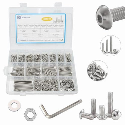 1080 Pcs M3 Screw Assortment, M3*6mm, 8mm, 10mm, 12mm, 14mm, 16mm, 18mm, 20mm, 25mm, 30mm, 35mm, 40mm, 50mm, Stainless Metric Hex Socket Button Head Screws Nuts and Washers with Wrench - size: Hex Socket Button Head