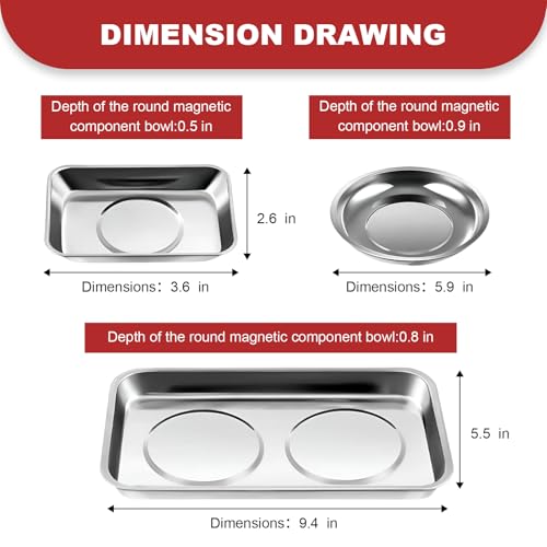 3PCS Magnetic Parts Tray, Stainless Steel Thickened Tray Set with Extra Strong Magnet, Heavy Duty Metal Parts Holder for Screws Nuts Bolts Washers Pins, Car Accessories (Tray & Bowl) - color: Tray & Bowl