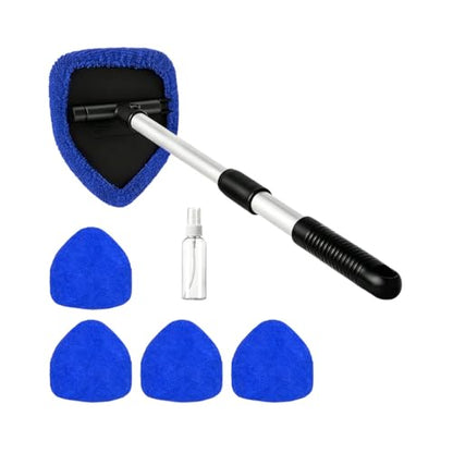 Car Windshield Cleaner Tool, Extendable Handle Pentagonal Vehicle Window Cleaning Kit with 4 Reusable Pads Spray Bottle, Auto Windscreen Detailing Cleaner, Universal Fit (Royal Blue) - size: Royal Blue