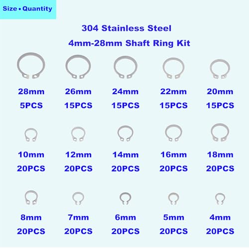 265PCS Metric 304 Stainless Steel C-Clips External Retaining Ring Kit | Nominal Diameter:4mm to 28mm
