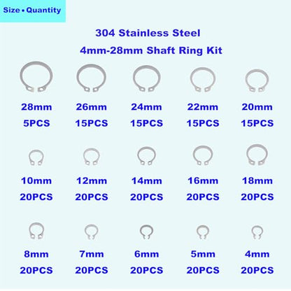 265PCS Metric 304 Stainless Steel C-Clips External Retaining Ring Kit | Nominal Diameter:4mm to 28mm