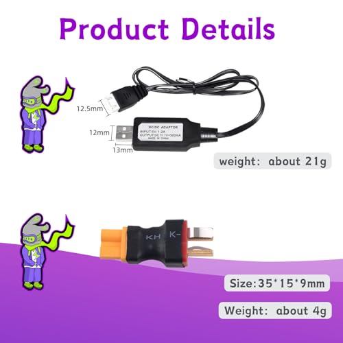 RC Battery Accessory Kit,No Wires Deans T Male (red) Connector Switch to XT30 Female (Yellow) Adapter, for Remote Control Toy Boat FPV Drone Car etc - 1 Pcs with 11.1V USB Charger Cable