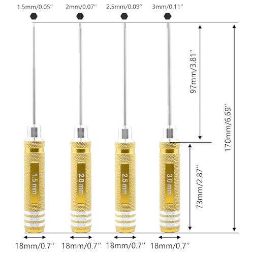 4 Pieces Hex Screw Driver Set 1.5mm 2.0mm 2.5mm 3.0mm Allen Wrench Keys Screwdriver Kit RC Repair Tools for Traxxas RC Car Drone Multi-Axis Helicopter Arrma Axial Losi Redcat Racing (Gold) - color: Gold