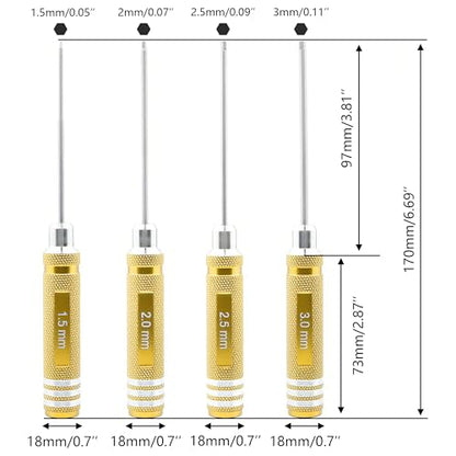 4 Pieces Hex Screw Driver Set 1.5mm 2.0mm 2.5mm 3.0mm Allen Wrench Keys Screwdriver Kit RC Repair Tools for Traxxas RC Car Drone Multi-Axis Helicopter Arrma Axial Losi Redcat Racing (Gold) - color: Gold