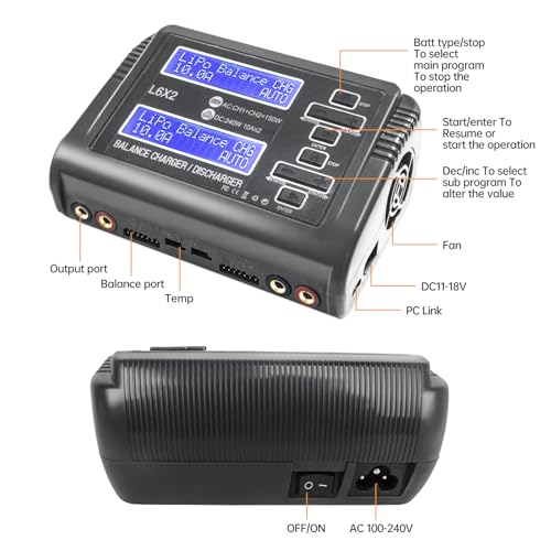 LiPo Battery Charger Dual RC Battery Charger Discharger 240W 10A for 1-6S LiPo LiHV Li-ion Life 1-15S NiCD NiMH PB Smart Batteries, Dual Channel Fast Balance Charger, RC Car Drone Boat