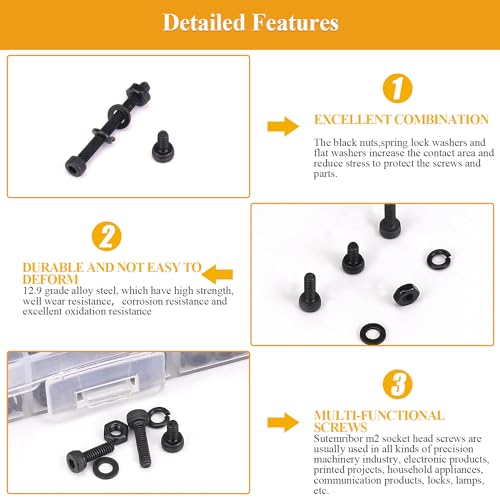 565 Pieces M2 Screws Nuts Washers Set Black, Sutemribor M2 x 4/6/8/10/12/16/20mm Hex Socket Head Cap Screws Nuts Washers Assortment Kit, 12.9 Grade Alloy Steel, Fully Threaded - size: M2, style: Socket Head