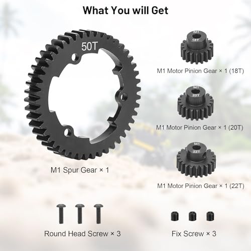 daitoku 50T 1 Mod Hardened Steel Spur Gear with 18T 20T 22T Motor Pinion Gear Compatible with Traxxas 1/10 Maxx 1/5 X-Maxx 1/10 E-REVO 2.0 VXL 1/7 XO-1 - size: 50T