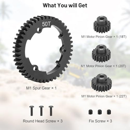 daitoku 50T 1 Mod Hardened Steel Spur Gear with 18T 20T 22T Motor Pinion Gear Compatible with Traxxas 1/10 Maxx 1/5 X-Maxx 1/10 E-REVO 2.0 VXL 1/7 XO-1 - size: 50T