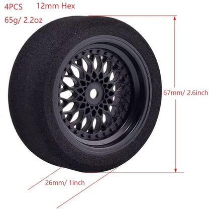 4Pcs 1/10 On-Road Foam Tires& 2080-3mm Wheel Rims 12mm Hex for HSP HPI RC Racing Car Toy, Black - style: 1/10 Foam