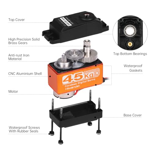 Hiwonder 45KG Servo Motor Waterproof High Torque Servo, High-Speed Coreless Motor Full Metal Gear Steering Servo for 1/6 1/8 1/10 1/12 RC Robot, with 25T Servo Horn, Control Angle 180°