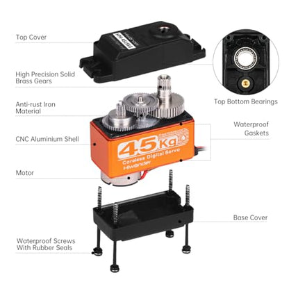 Hiwonder 45KG Servo Motor Waterproof High Torque Servo, High-Speed Coreless Motor Full Metal Gear Steering Servo for 1/6 1/8 1/10 1/12 RC Robot, with 25T Servo Horn, Control Angle 180°