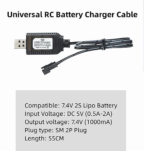 Aliwisdom Universal RC Battery Charger Cable with SM 2 Pin Connector Plug for 7.4V 2S Lipo Battery, Compatible with RC Car/Boat/Plane/Drone/Tank/Helicopters and Other Remote Control Toys