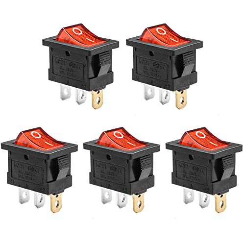 5 Pack KCD1 SPST On/Off Red LED Boat Rocker Toggle Switch | 3-Pin 2-Position Snap In, Only for DC 12V-24V 20A - color: Red, size: DC 12V-24V 20A - Not Pre-Wired