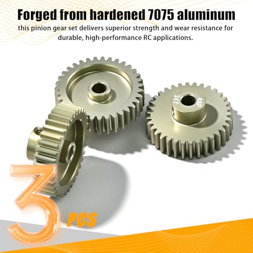 3PCS 48P Pinion Gear Set 7075 Aluminum Alloy 3.175mm Shaft 34T 35T 36T with Screws & Hex for 1/10 RC Arrma Traxxas HPI Sakura Losi Axial SCX10 Tamiya Monster Truck Buggy Motor Gears Upgrade - size: 34 35 36T