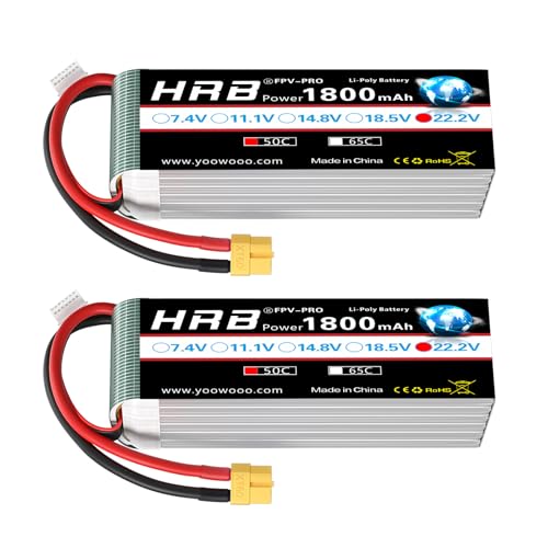 HRB 2PCS 1800mAh 6S 22.2V 50C Lipo Battery with XT60 Plug Compatible with RC Helicopter