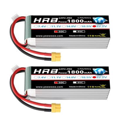 HRB 2PCS 1800mAh 6S 22.2V 50C Lipo Battery with XT60 Plug Compatible with RC Helicopter
