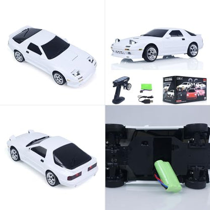 US in Stock, 1/18 Rx7 RC Racing Car RWD Gyroscope Wireless Control Drift Vehicles Light System Motor Servo ESC(White) - color: White