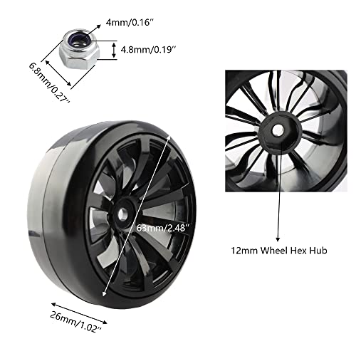 4PCS 12mm Hub Wheels,1:10 63mm Hard Plastic RC Drift Cars On Road Touring Racing Bald Tires for Traxxas HSP Tamiya HPI Kyosho On-Road Drifting Car Trucks(Black) - color: Black