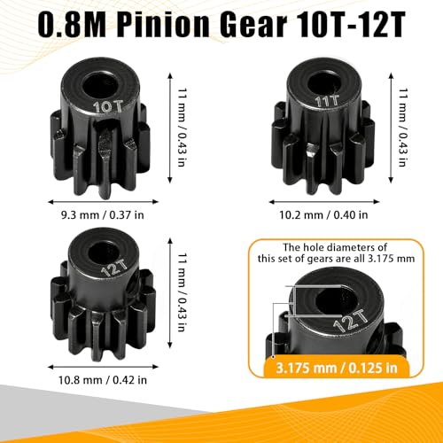 0.8M Pinion Gear Set Hardened Steel 3.175mm Shaft 10T 11T 12T Pinion Gears with Screws and Hex for Tamiya, Traxxas, Arrma, Axial, Losi, HPI 1/10 RC Car Brushless Brush Motor Upgrade - size: 10 11 12T