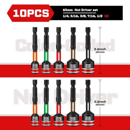 Impact Nut Driver Set, 10 Pieces 2.56”Long 1/4”5/16”3/8”7/16” 1/2”6 Point Alloy Steel Magnetic SAE Nut Setter Set Use For Require Installing 1/4 Hex Shank Impact Driver with Case Box - size: 2.56", style: MIXS-10pcs