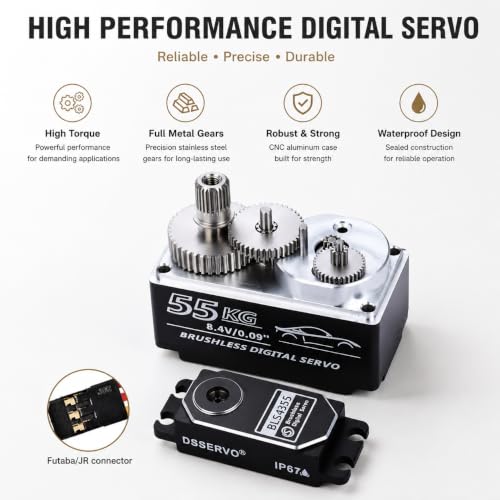 DSSERVO BLS4355 55KG Low Profile Brushless Digital Servo IP67 Waterproof Metal Gear, 0.09s, 180/270/360 Degree for RC Crawler Truck Robot Arm (180 Degree) | Low Profile Brushless IP67 Waterproof