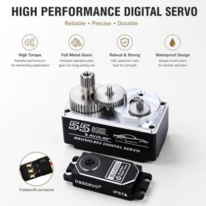 DSSERVO BLS4355 55KG Low Profile Brushless Digital Servo IP67 Waterproof Metal Gear, 0.09s, 180/270/360 Degree for RC Crawler Truck Robot Arm (180 Degree) | Low Profile Brushless IP67 Waterproof
