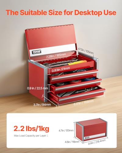 VEVOR Metal Tool Box, 8.6-inch, Portable Metal Tool Box with 3 Drawers, Small Tool Chest with EVA Liners and PP Feet Pads, Heavy-Duty Steel With Ball Bearing Opening and Powder Coated Finish, Red - size: 3 Drawers-Red