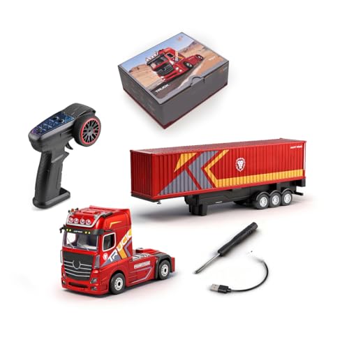 1/64 Scale 4WD RC Container Truck, 2.4GHz Proportional Semi Trailer RTR/Red | ABS Construction, Independent Trailer Control, Light & Sound, Collectors and Hobbyists, Indoor Display, Racing Wheels Include