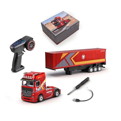 1/64 Scale 4WD RC Container Truck, 2.4GHz Proportional Semi Trailer RTR/Red | ABS Construction, Independent Trailer Control, Light & Sound, Collectors and Hobbyists, Indoor Display, Racing Wheels Include