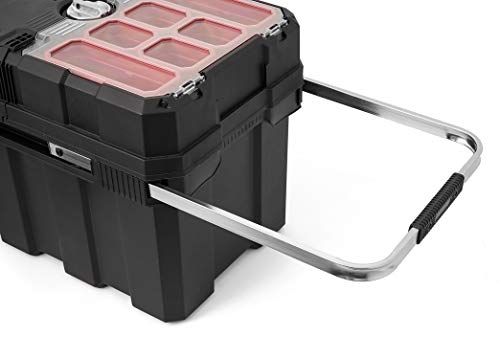 Keter Masterloader Resin Rolling Tool Box with Locking System and Removable Bins – Perfect Organization and Storage Chest for Power Drill, Tape Measure, and Screwdriver Set, Black | Black, Heavy Duty, Weatherproof, All Terrain Wheels, Durable, Easy Slide