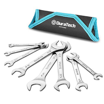 DURATECH Super-Thin Open End Wrench Set, 8-Piece, Metric | Slim Wrench Set, 5.5, 7, 8, 9, 10, 11, 12, 13, 14, 17, 19, 21, 22, 23, 24, 27 mm, Mirror Polished, Rolling Pouch - color: Silver, size: Metric