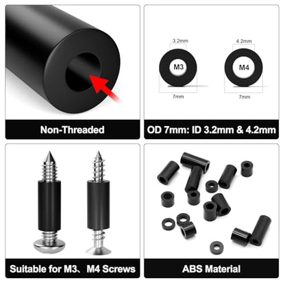Exqutoo 600Pcs ABS Round Spacers ID 3mm & ID 4mm, OD 7mm | 2mm 3mm 5mm 6mm 8mm 10mm 12mm 15mm Length, Non-Threaded Washers Suitable for M3 M4 Screws Hardware - color: Black/3.2mm,600Pcs