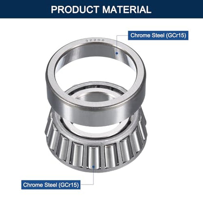 2 Pack 32206 Tapered Roller Bearing Cone and Cup Set | 30mm Bore 62mm OD 21.5mm Cup Width, Chrome Steel Taper Bearings Set, ABEC-3 - size: 32206