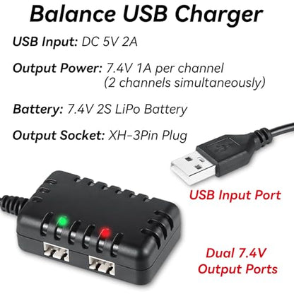 7.4V Lipo Battery Charger - RC Car Balance Chargers USB Cable 2-in-1 with XH-3P Plug 1A for 2S Batteries RC Cars Drone Boat Airplane Truck Quadcopter Airsoft SCX24 SCX10