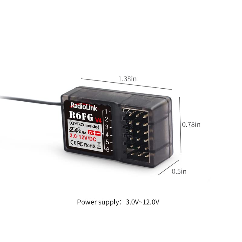 Radiolink R6FG 6 Channels 2.4GHz RC Receiver with Gyro, Ground Long Range Control RX for Vehicle Drifting/Crawler/Truck/Boat Works with Surface Radio Controller RC4GS/RC6GS/T8FB