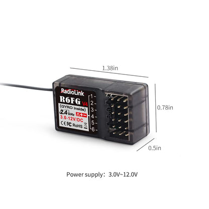 Radiolink R6FG 6 Channels 2.4GHz RC Receiver with Gyro, Ground Long Range Control RX for Vehicle Drifting/Crawler/Truck/Boat Works with Surface Radio Controller RC4GS/RC6GS/T8FB