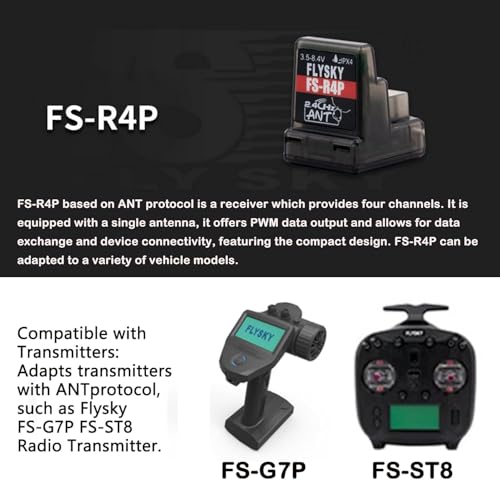 Flysky FS-R4P 4CH Receiver 2.4GHz ANT for RC Car/Boat | ANT Protocol, 2.4GHz Signal 4 PWM Outputs, Single Antenna, Compatible with FS‑G7P, FS‑ST8, FS‑MG41 & FS‑MG4