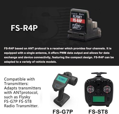Flysky FS-R4P 4CH Receiver 2.4GHz ANT for RC Car/Boat | ANT Protocol, 2.4GHz Signal 4 PWM Outputs, Single Antenna, Compatible with FS‑G7P, FS‑ST8, FS‑MG41 & FS‑MG4