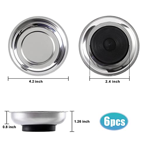 6 Pieces 4.2” Round Magnetic Bowl Trays Set Stainless Steel Magnet Tool Tray Parts Holder for Screws, Sockets, Bolts, Pins, Mechanic's and Automotive - size: 6 Pieces 4.2" Bowl