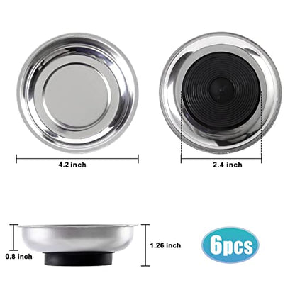 6 Pieces 4.2” Round Magnetic Bowl Trays Set Stainless Steel Magnet Tool Tray Parts Holder for Screws, Sockets, Bolts, Pins, Mechanic's and Automotive - size: 6 Pieces 4.2" Bowl
