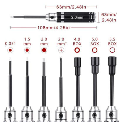 7Pcs RC Hex Driver Set 1.27mm 1.5mm 2.0mm Titanium Hexagon 4.0mm 5.0mm 5.5mm Hex Nut Screwdriver Wrench Phillips Screwdriver RC Tool Kit for RC Car Helicopter Models