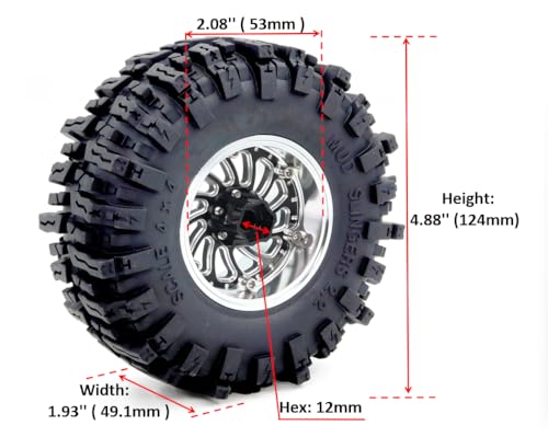 Adjustable Offset 2.2 Beadlock Wheels and Tires Set, 124mm Tall Mud Slingers 2.2 Tires and Wheels for RC Crawler Gen8 Everest 10 SCX10 Capra Upgrades,HS701584 - color: Silver & Black