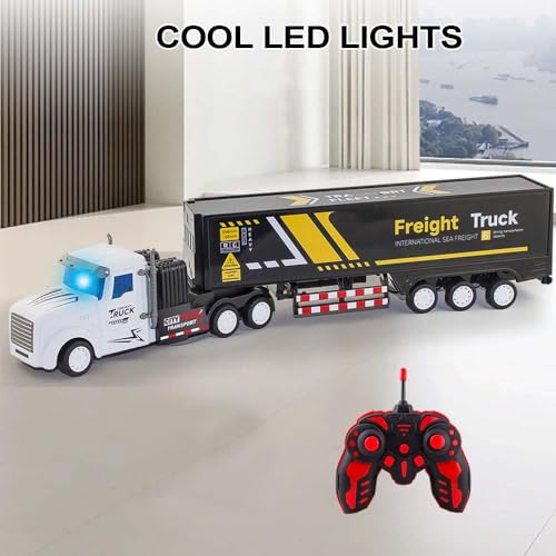 RC Semi Truck Toy for Kids - 1:32 Remote Control Carrier Van Transport Car, 17.3" Freight Container Truck with 2 Batteries, Semi Truck and Trailer with Lights, Great Gift for Boys Girls Age 3-8