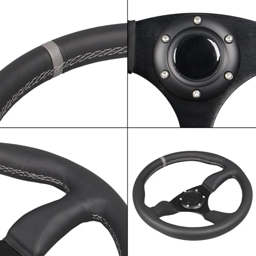 350mm Gray Stripe Racing Steering Wheel Black Genuine Leather Grip 6 Bolts Sport Steering Wheel with Horn Button Gray Stitching - color: Gray Stripe